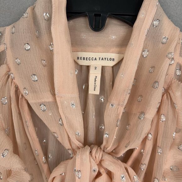 Rebecca Taylor Blouse Womens 2 Pink Tie Neck Ruffle Sheer Metallic Clip Dot Fem - Picture 6 of 15
